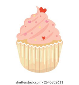 A strawberry cupcake with hearts and sprinkles. 