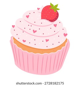 Erdbeer-Cupcake mit Herzbeeren-Sprinkles. Flache Vektorgrafik