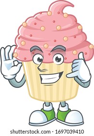 Strawberry cupcake mascot cartoon design make a call gesture