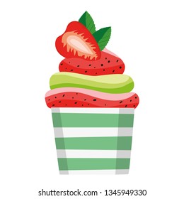
Strawberry cupcake on a white background in a paper cup. Muffin with strawberry cream and mint cream. Decorated with strawberries and mint.