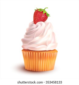 Strawberry cupcake on white. Vector illustration.