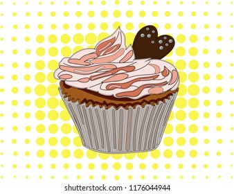 Strawberry cupcake on a yellow pop art background.