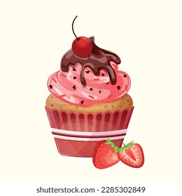 Strawberry cupcake with pink cream, sprinkles, chocolate topping, cherries and strawberries. Cute cartoon chocolate strawberry muffin. Illustration for confectioner or pastry shop