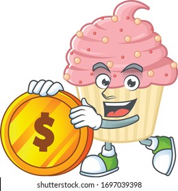 Strawberry cupcake rich cartoon character have big gold coin