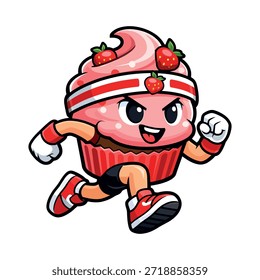 Fresa Cupcake Running Mascota Vector – Lindo Deportivo Postre Ilustración de Personaje