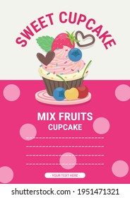 Strawberry cupcake sweet menu vector illustration. Cute mix fruits sweet menu. Bakery shop info menu.