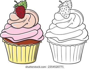 Strawberry cupcake. Valentine's Day. Coloring book for kids. Activity Book.