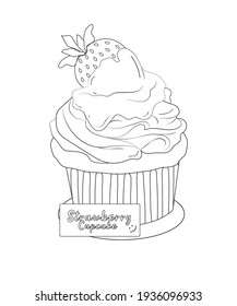 Strawberry cupcake vector illustration black and while outline for coloring book page