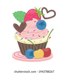 Strawberry cupcake vector illustration cartoon isolated on white background. Cute cupcake vector.