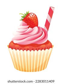 Vector de quequitos de fresa aislado sobre fondo blanco. Ilustración de Cupcake