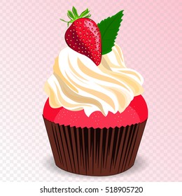 Strawberry cupcake vector. Isolated cupcake on gradient pink background. Tasty cake.