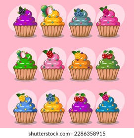 Strawberry cupcakes, blueberries, raspberries, blackberries, cherries illustration graphic drawings colorful cute