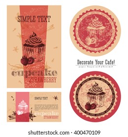 Strawberry cupcakes, eco-friendly packaging design and execution of a cafe, a paper bag, business card, sticker and beermat. Decorate your cafe.