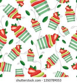 Strawberry cupcakes pattern. Seamless. Muffins with cream of berries and mint. Vector
