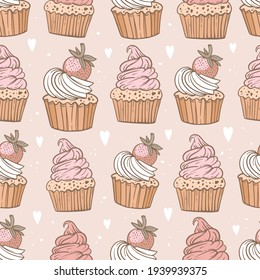 Strawberry cupcakes. Whipped cream, chocolate. Background with dots and hearts. Detailed outline drawing of dessert, holiday baking. Vector seamless pattern with pastries. Print design for pastry shop