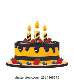 Strawberry and currant birthday cake with candles isolated on white background flat illustration