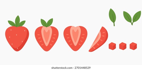 Morango cortado conjunto vetor, fruto inteiro, metades, fatia, cubos e folhas, ilustração vermelha plana para receita, embalagem, smoothie, sobremesa e design de cozinha.