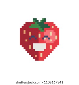 Strawberry cute cartoon character pixel art icon. Funny berry isolated vector illustration. 8-bit. Design stickers, logo, app, embroidery. 
