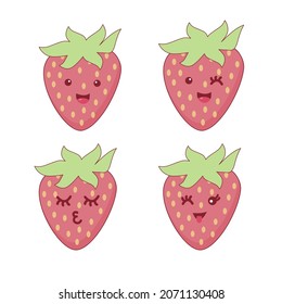 Strawberry. Cute strawberry cartoon,Cute fruit vector character set isolated on white