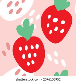 Patrón de dibujos animados lindos de fresa. fondo rosa dulce. El tierno patrón sin costura de una niña o bebé, fresa fresca y jugosa colorida mínima en valentina. Diseño de vectores para la moda.