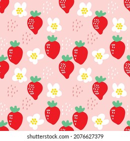 Patrón de dibujos animados lindos de fresa. fondo rosa dulce. El tierno patrón sin costura de una niña o bebé, fresa fresca y jugosa colorida mínima en valentina. Diseño de vectores para la moda.