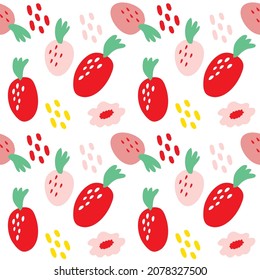 Patrón de dibujos animados lindos de fresa. fondo blanco. El tierno patrón sin costura de una niña o bebé, fresa fresca y jugosa colorida mínima en valentina. Diseño de vectores para la moda.
