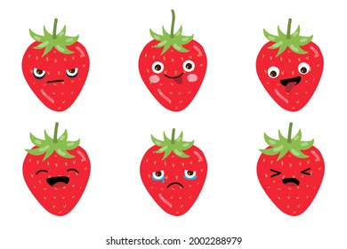 Strawberry cute emoji set. Happy, funny fruit faces. Different expressions and emotions. Emoticon. Flat cartoon vector isolated
