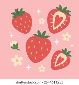 Strawberry Cute Flat design Red fruit Pastel colors Simple Decorative Cartoon style Floral
