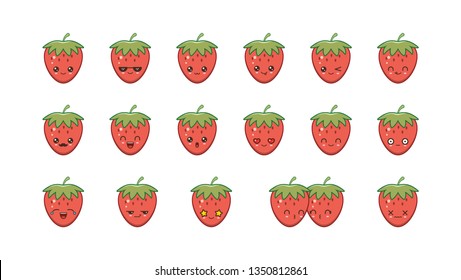 Strawberry cute kawaii mascot.Set kawaii food faces expressions smile emoticons. 