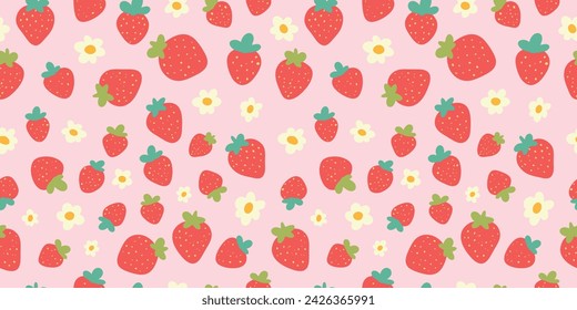 Strawberry Cute Pink Kawaii Nursery Seamless Vector Pattern 