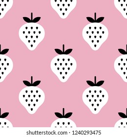 Strawberry cute, tender seamless pattern, ornament. White and black color berries. On pink background.
