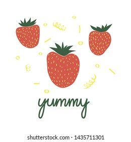 Strawberry cute vector icon set. Fruit cartoon drawn set with inscription Yummy. Summer postcard design elements, logo, poster, wrapping.