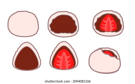 Fresa daifuku.Postres japoneses.Comida japonesa.Bebida redonda de mochi.frijol o chocolate.Cartel, símbolo, icono o logo aislados.Ilustración vectorial de dibujos animados.Diseño plano.Clipart.