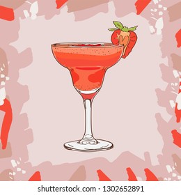 Strawberry Daiquiri classic tropical cocktail illustration collection. Alcoholic cocktails hand drawn vector illustration set.