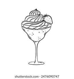 Strawberry Daiquiri Cocktail black and white outline vector illustration. Bar drink line art. Engraving style. Line drawing