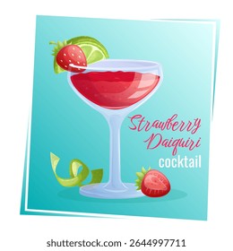 Coquetel de daiquiri de morango em um copo, fatia de limão, morango, raspa em um fundo azul. O conceito de festa, bar de coquetéis, verão. Ilustração vetorial isolada para design de menu, cartazes, banners