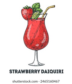 Strawberry daiquiri cocktail illustration. Hand drawn sketch. Vector illustration. Isolated object.