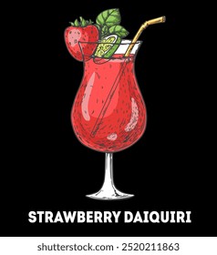 Strawberry daiquiri cocktail illustration. Hand drawn sketch. Vector illustration. Isolated object.