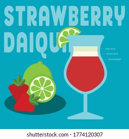 Strawberry Daiquiri cocktail ingredient poster with drink in glass and fruit on side.