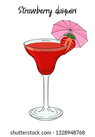 Strawberry daiquiri cocktail, with umbrella, straw. For cafe and restaurant menu, packaging and advertisement. Hand drawn. Isolated image. Vector illustration.