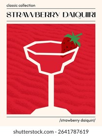 Strawberry daiquiri cocktail. Vector illustration of summer alcoholic drink garnished with strawberry. Poster with tropical refreshing drink. Contemporary poster for bar, restaurants and menu.