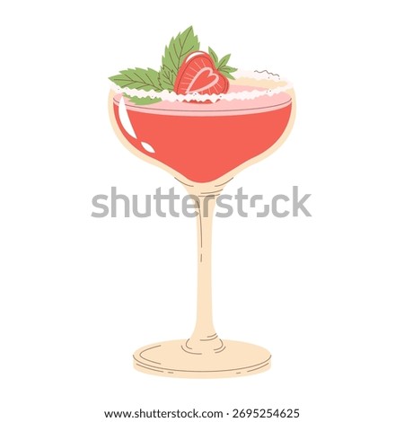 Strawberry Daiquiri vector illustration. Hand drawn flat style design of a frozen cocktail in a coupe glass, garnished with a strawberry slice, mint leaves, sugared rim. For summer party invitation