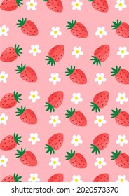 Strawberry and daisies flowers on pink background.Eps 10 vector.