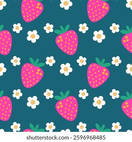 Strawberry and Daisy Pattern on Blue