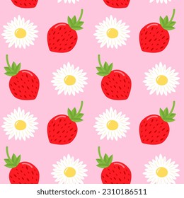 Strawberry and daisy seamless pattern on pink background. Cute summer print.