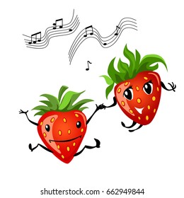 Strawberry dancing. Cartoon illustration of berries. Funny positive and friendly strawberry emoticon face food emoji. Icon comical fruit