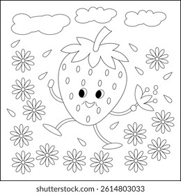 A strawberry dancing in a field of tiny flowers line art coloring page
