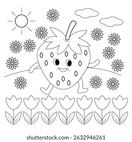 A strawberry dancing joyfully in a sunny field filled with tiny blooming flowers