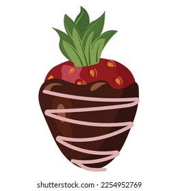 Fresa en chocolate oscuro decorada con un zigzag de acristalamiento de frutas. Ilustración vectorial aislada en fondo blanco.