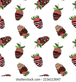Strawberry in dark chocolate, sprinkle or nonpareil. Seamless pattern. Chocolate covered strawberry seamless pattern on white background. Flat, cartoon. Isolated vector stock illustration eps 10
